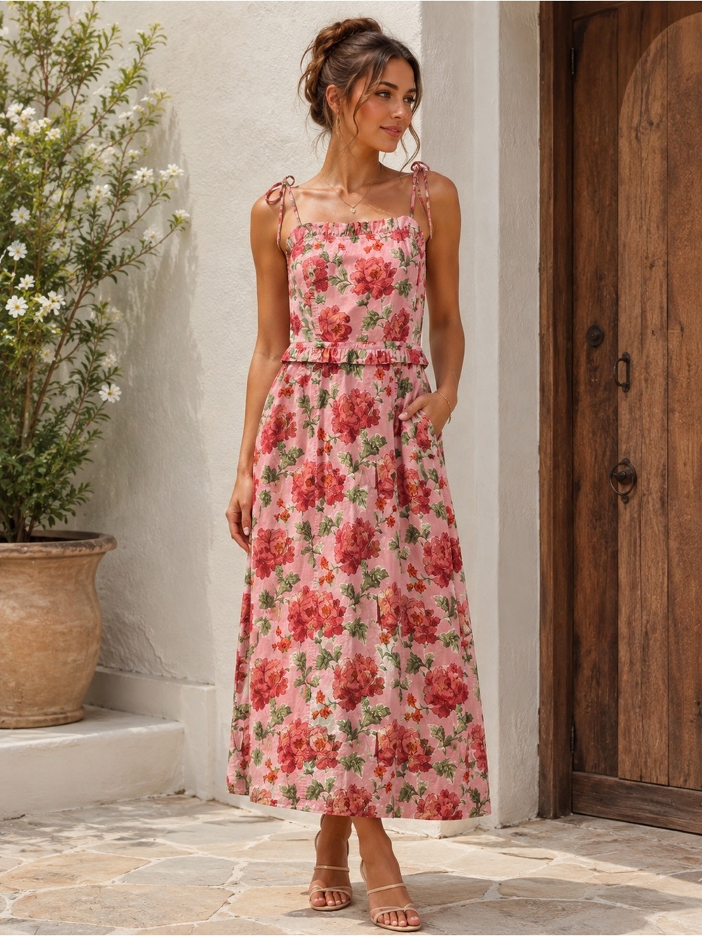 Anthropologie Pink Floral Tie-Shoulder Maxi Dress